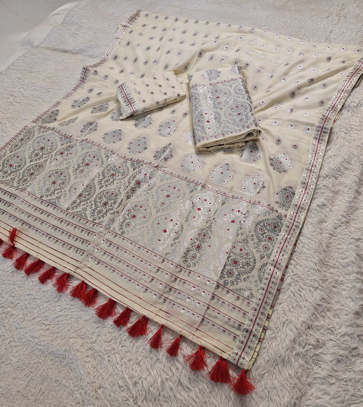 Ready-To-Wear Silver Jari Super Cotton* Mekhela Sador