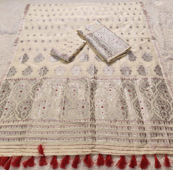Ready-To-Wear Silver Jari Super Cotton* Mekhela Sador