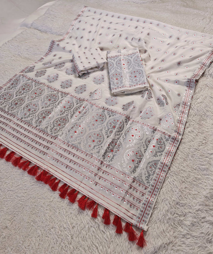 Ready-To-Wear Silver Jari Super Cotton* Mekhela Sador