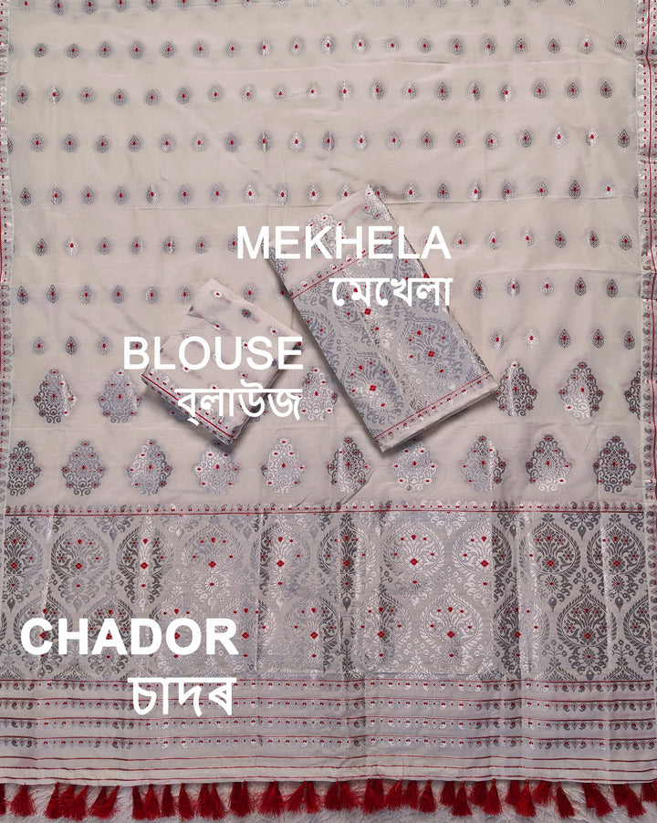 Ready-To-Wear Silver Jari Super Cotton* Mekhela Sador