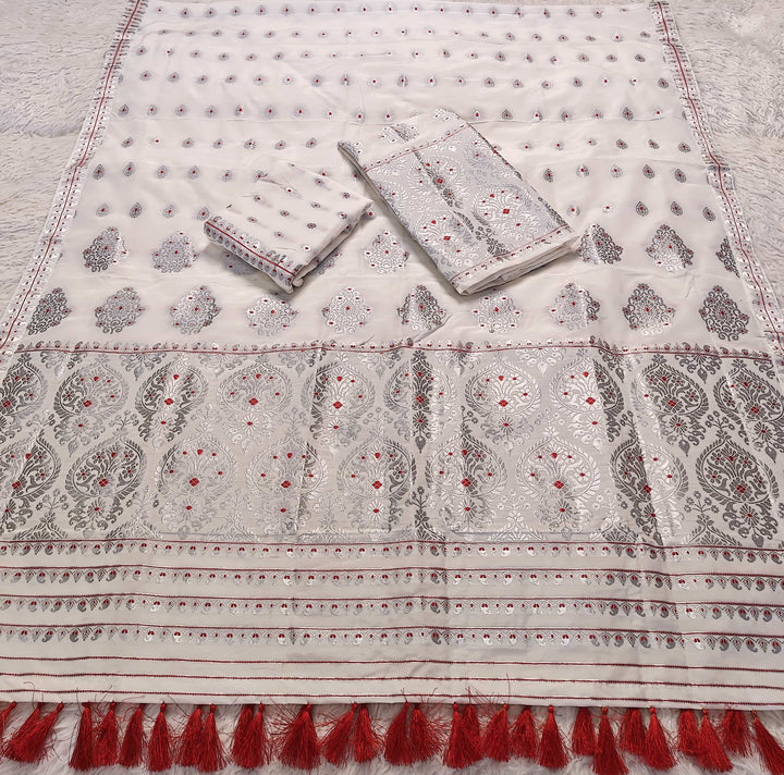 Ready-To-Wear Silver Jari Super Cotton* Mekhela Sador