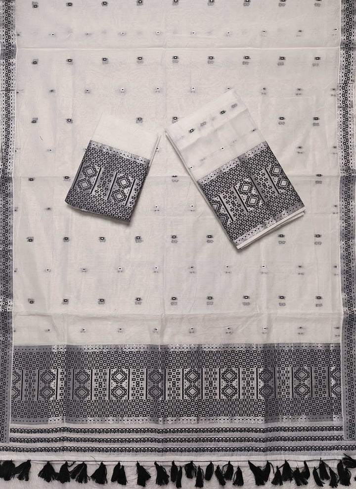 Ready-To-Wear White Silver Jari AC Cotton* Mekhela Sador