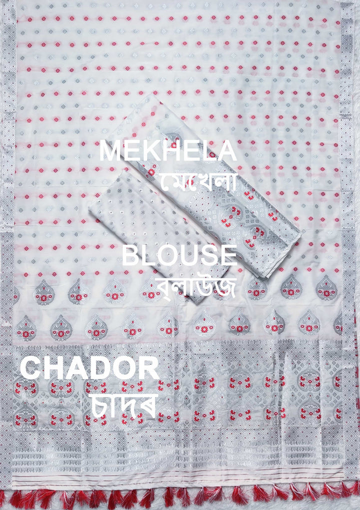 Ready-To-Wear Silver Jari Super Cotton* Mekhela Sador