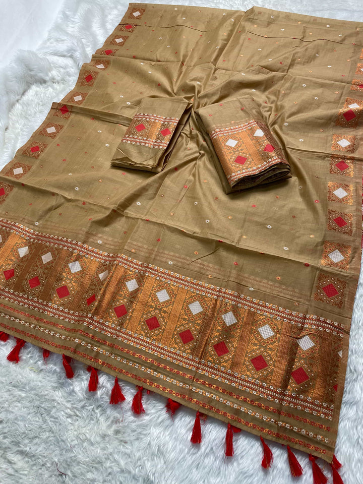 Ready-To-Wear Dhaga & Jari Weaving Work Premium Cotton* Mekhela Sador