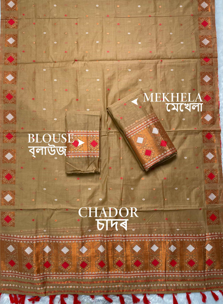 Ready-To-Wear Dhaga & Jari Weaving Work Premium Cotton* Mekhela Sador