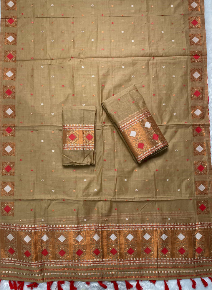 Ready-To-Wear Dhaga & Jari Weaving Work Premium Cotton* Mekhela Sador