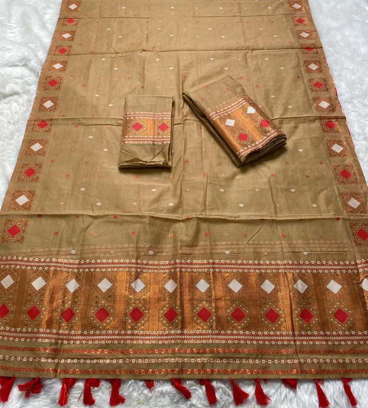 Ready-To-Wear Dhaga & Jari Weaving Work Premium Cotton* Mekhela Sador