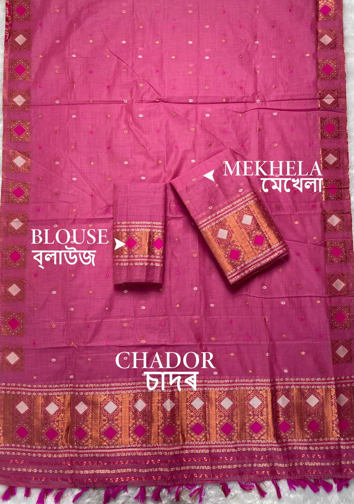 Ready-To-Wear Dhaga & Jari Weaving Work Premium Cotton* Mekhela Sador