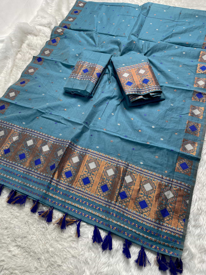 Ready-To-Wear Dhaga & Jari Weaving Work Premium Cotton* Mekhela Sador