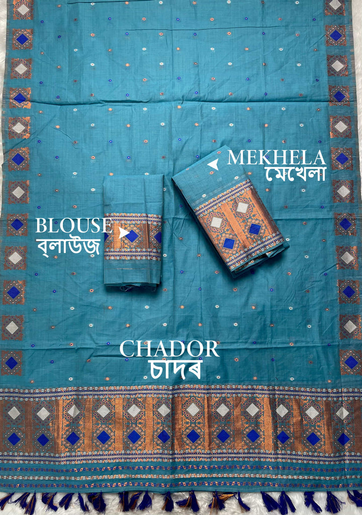 Ready-To-Wear Dhaga & Jari Weaving Work Premium Cotton* Mekhela Sador