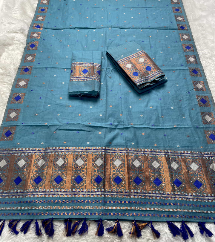 Ready-To-Wear Dhaga & Jari Weaving Work Premium Cotton* Mekhela Sador
