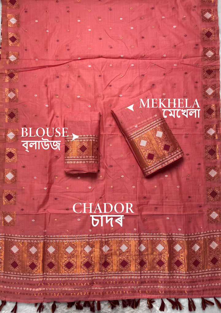 Ready-To-Wear Dhaga & Jari Weaving Work Premium Cotton* Mekhela Sador
