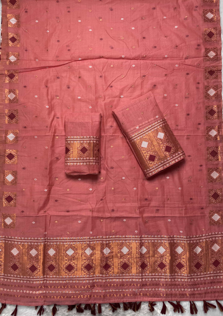 Ready-To-Wear Dhaga & Jari Weaving Work Premium Cotton* Mekhela Sador