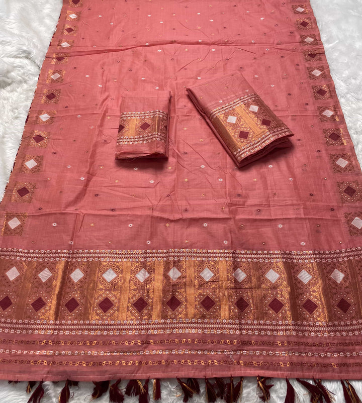 Ready-To-Wear Dhaga & Jari Weaving Work Premium Cotton* Mekhela Sador
