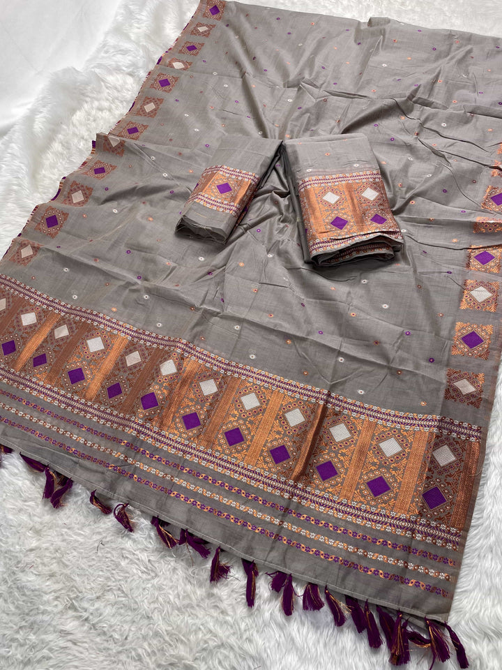 Ready-To-Wear Dhaga & Jari Weaving Work Premium Cotton* Mekhela Sador