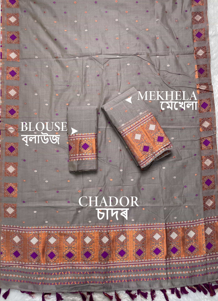 Ready-To-Wear Dhaga & Jari Weaving Work Premium Cotton* Mekhela Sador