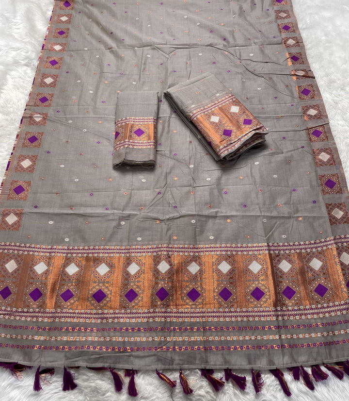 Ready-To-Wear Dhaga & Jari Weaving Work Premium Cotton* Mekhela Sador