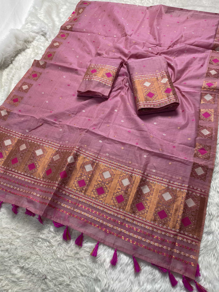 Ready-To-Wear Dhaga & Jari Weaving Work Premium Cotton* Mekhela Sador