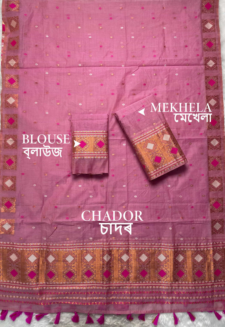 Ready-To-Wear Dhaga & Jari Weaving Work Premium Cotton* Mekhela Sador