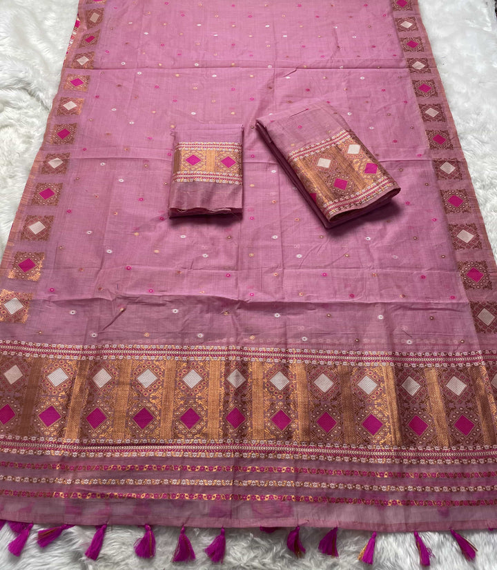 Ready-To-Wear Dhaga & Jari Weaving Work Premium Cotton* Mekhela Sador