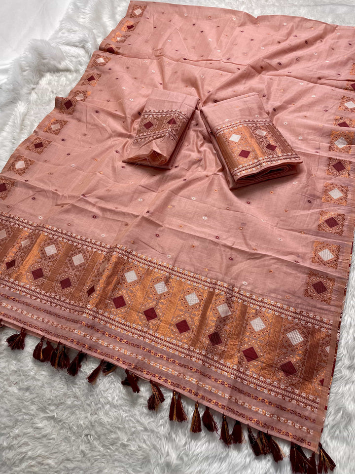 Ready-To-Wear Dhaga & Jari Weaving Work Premium Cotton* Mekhela Sador