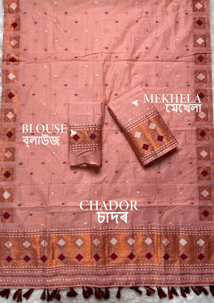 Ready-To-Wear Dhaga & Jari Weaving Work Premium Cotton* Mekhela Sador