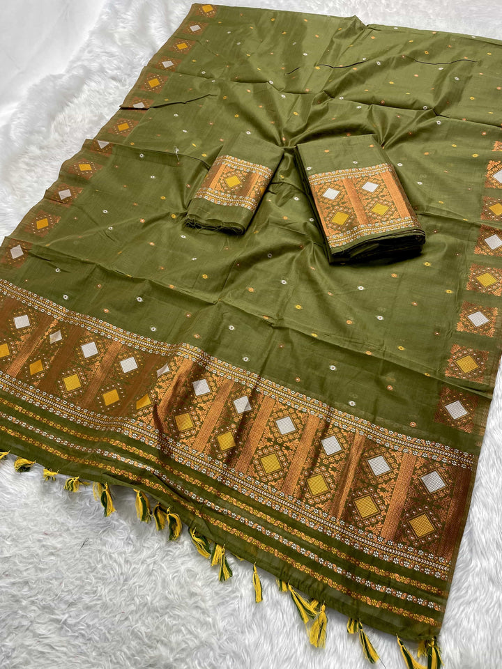Ready-To-Wear Dhaga & Jari Weaving Work Premium Cotton* Mekhela Sador