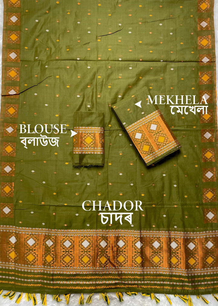 Ready-To-Wear Dhaga & Jari Weaving Work Premium Cotton* Mekhela Sador