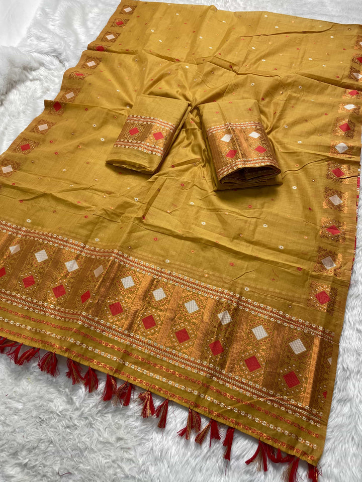 Ready-To-Wear Dhaga & Jari Weaving Work Premium Cotton* Mekhela Sador