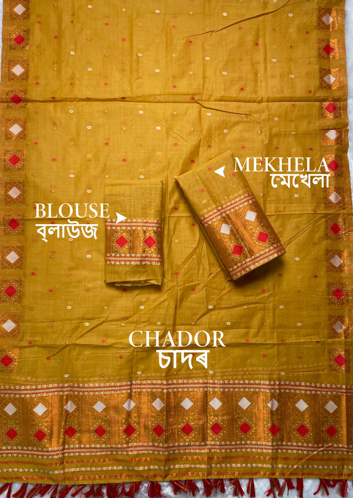 Ready-To-Wear Dhaga & Jari Weaving Work Premium Cotton* Mekhela Sador