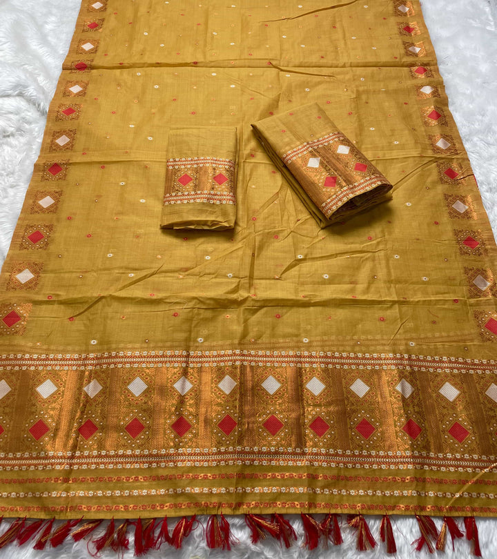 Ready-To-Wear Dhaga & Jari Weaving Work Premium Cotton* Mekhela Sador