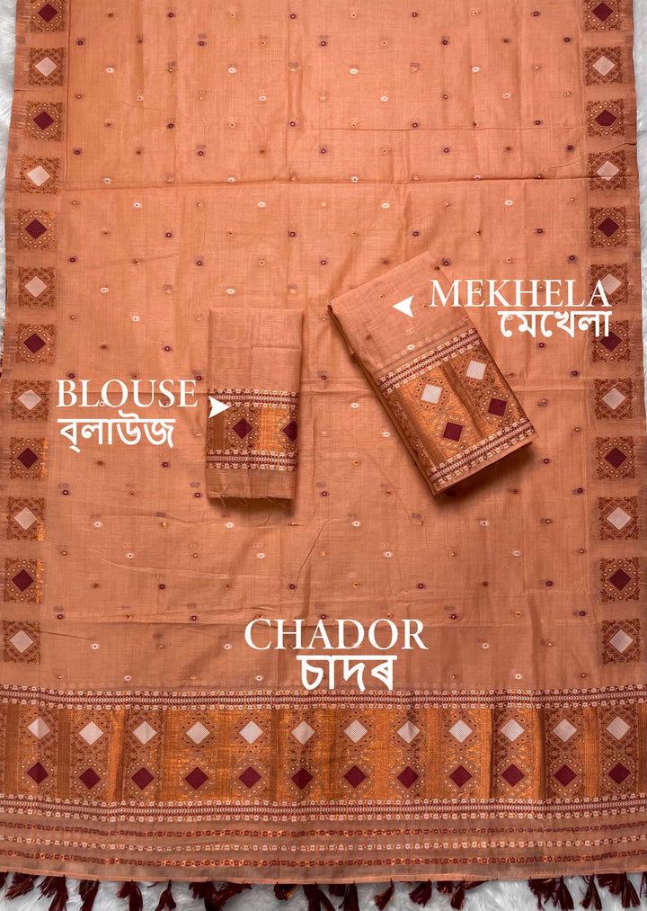 Ready-To-Wear Dhaga & Jari Weaving Work Premium Cotton* Mekhela Sador