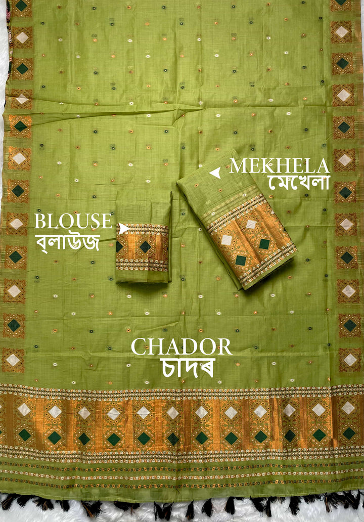 Ready-To-Wear Dhaga & Jari Weaving Work Premium Cotton* Mekhela Sador