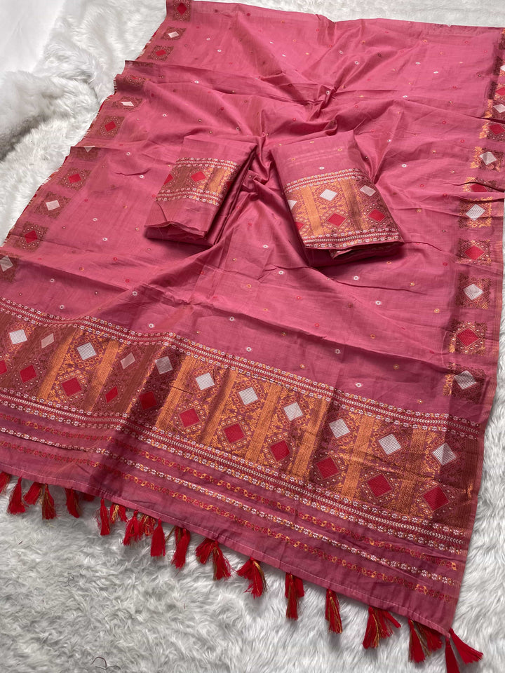 Ready-To-Wear Dhaga & Jari Weaving Work Premium Cotton* Mekhela Sador