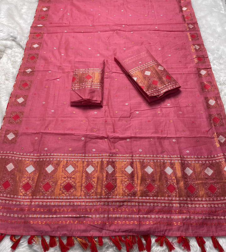 Ready-To-Wear Dhaga & Jari Weaving Work Premium Cotton* Mekhela Sador