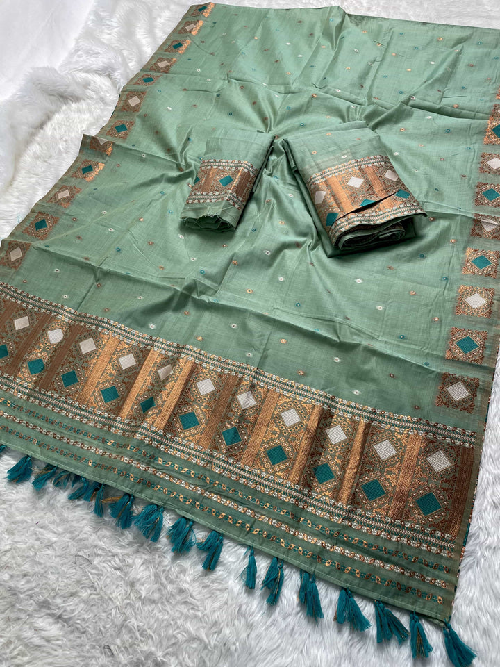 Ready-To-Wear Dhaga & Jari Weaving Work Premium Cotton* Mekhela Sador
