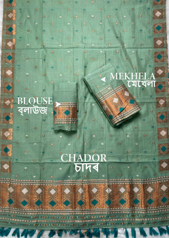 Ready-To-Wear Dhaga & Jari Weaving Work Premium Cotton* Mekhela Sador