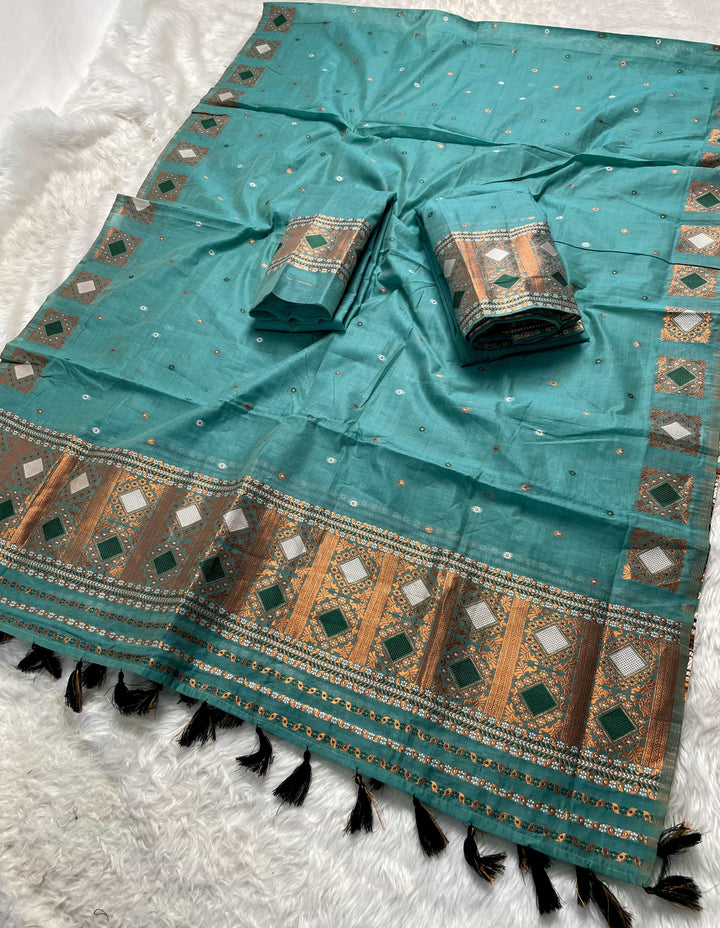 Ready-To-Wear Dhaga & Jari Weaving Work Premium Cotton* Mekhela Sador