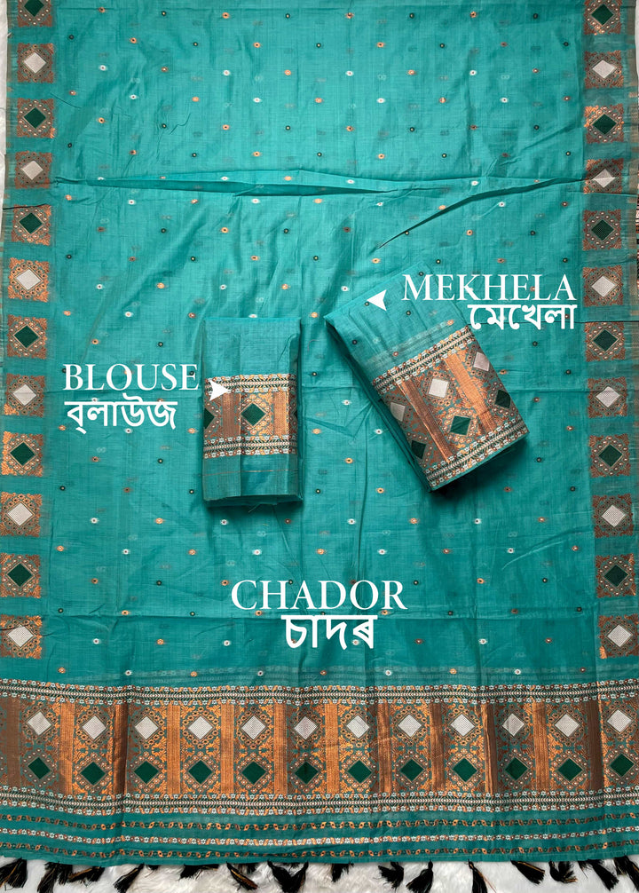 Ready-To-Wear Dhaga & Jari Weaving Work Premium Cotton* Mekhela Sador
