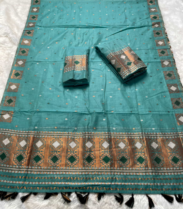 Ready-To-Wear Dhaga & Jari Weaving Work Premium Cotton* Mekhela Sador