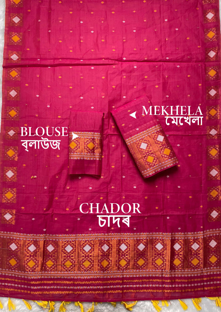 Ready-To-Wear Dhaga & Jari Weaving Work Premium Cotton* Mekhela Sador
