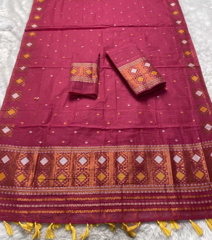 Ready-To-Wear Dhaga & Jari Weaving Work Premium Cotton* Mekhela Sador