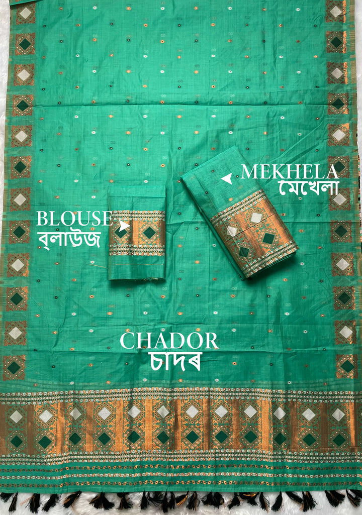 Ready-To-Wear Dhaga & Jari Weaving Work Premium Cotton* Mekhela Sador