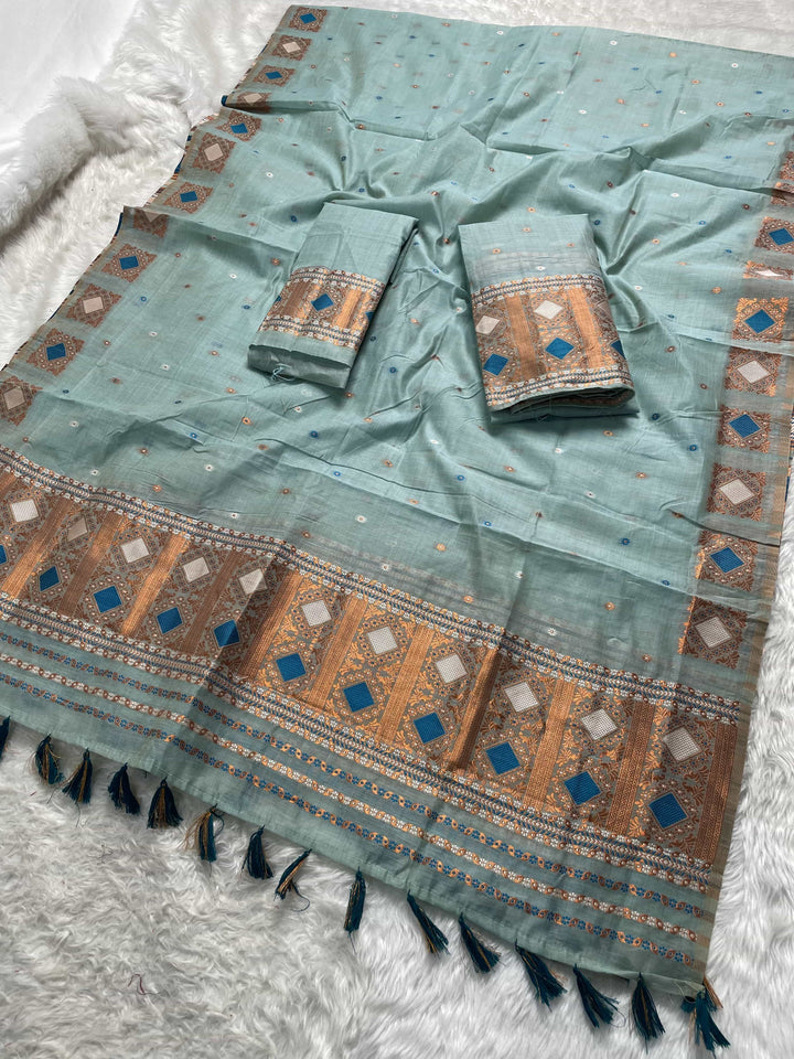 Ready-To-Wear Dhaga & Jari Weaving Work Premium Cotton* Mekhela Sador