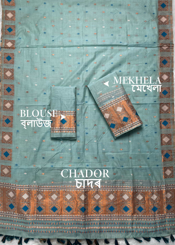 Ready-To-Wear Dhaga & Jari Weaving Work Premium Cotton* Mekhela Sador