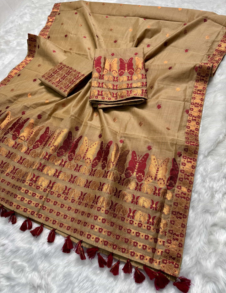 Ready-To-Wear Dhaga & Jari Weaving Work Premium Cotton* Mekhela Sador