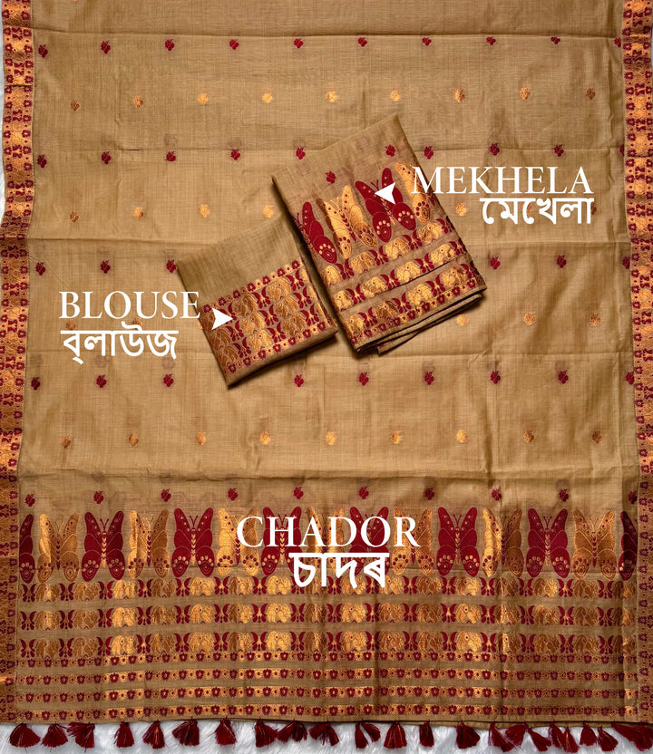 Ready-To-Wear Dhaga & Jari Weaving Work Premium Cotton* Mekhela Sador
