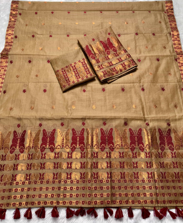 Ready-To-Wear Dhaga & Jari Weaving Work Premium Cotton* Mekhela Sador