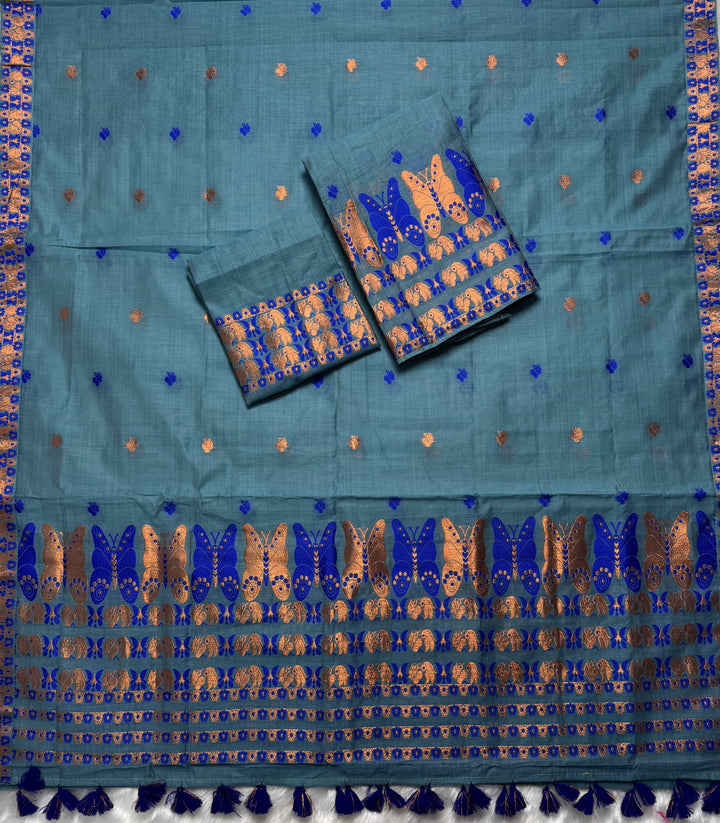 Ready-To-Wear Dhaga & Jari Weaving Work Premium Cotton* Mekhela Sador