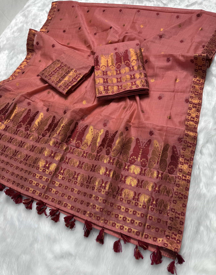 Ready-To-Wear Dhaga & Jari Weaving Work Premium Cotton* Mekhela Sador
